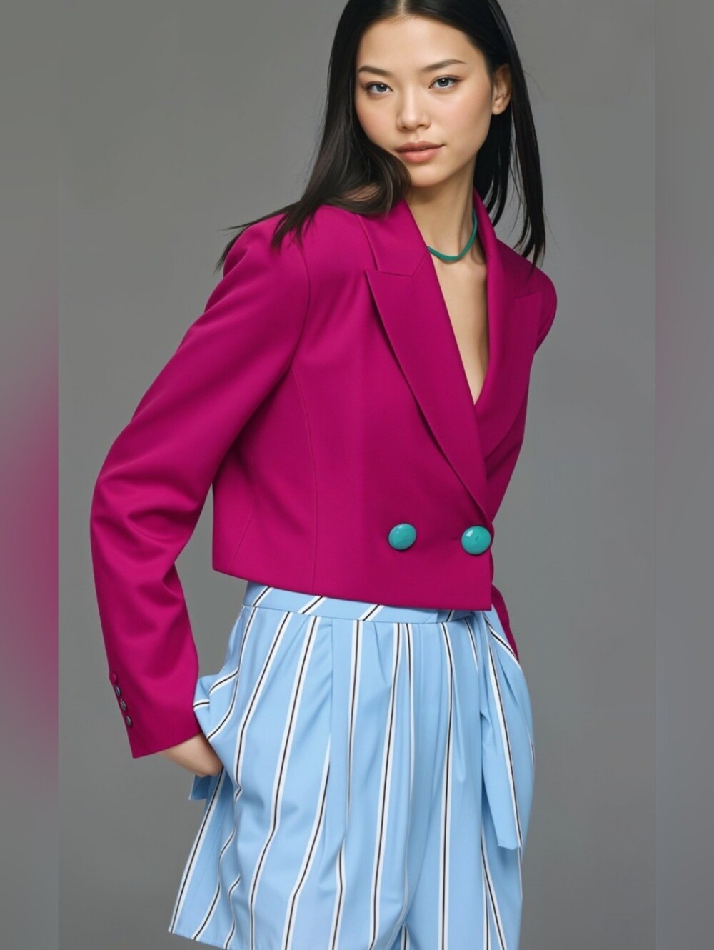 NWT ZARA Cropped Magenta Blazer with Turquoise Buttons